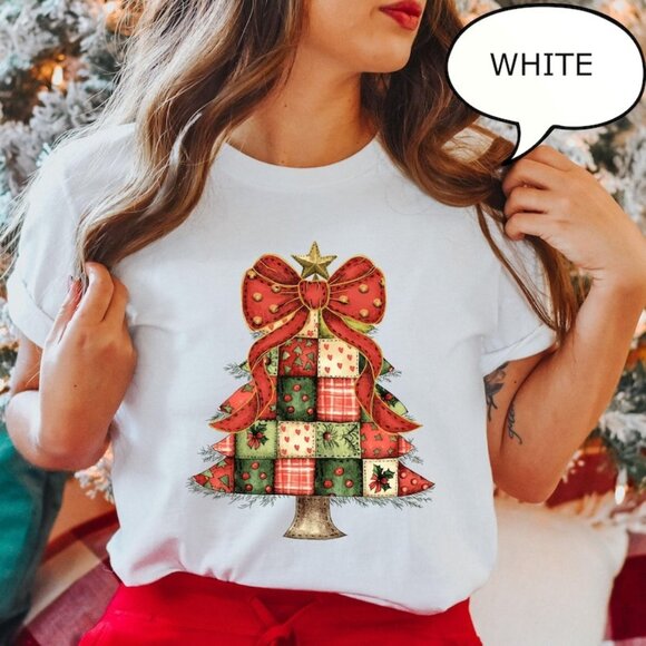 Retro Tree Shirt, Bow Christmas Tree Shirt, Merry Christmas Shirt - Picture 1 of 4